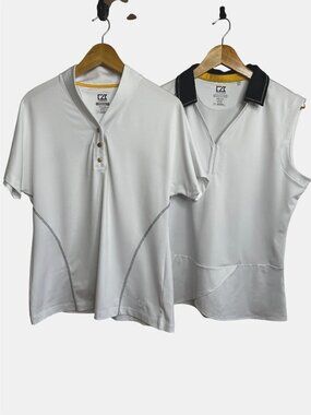 CUTTER BUCK Women Golf Polo Shirt Set 2 DryTec White L Collared Athletic Tennis